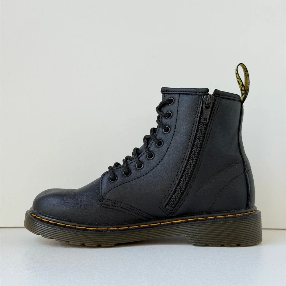 Dr. Martens 1460 J Lace Up Boots Kids Size 2 Black Leather Side Zip Combat Boots